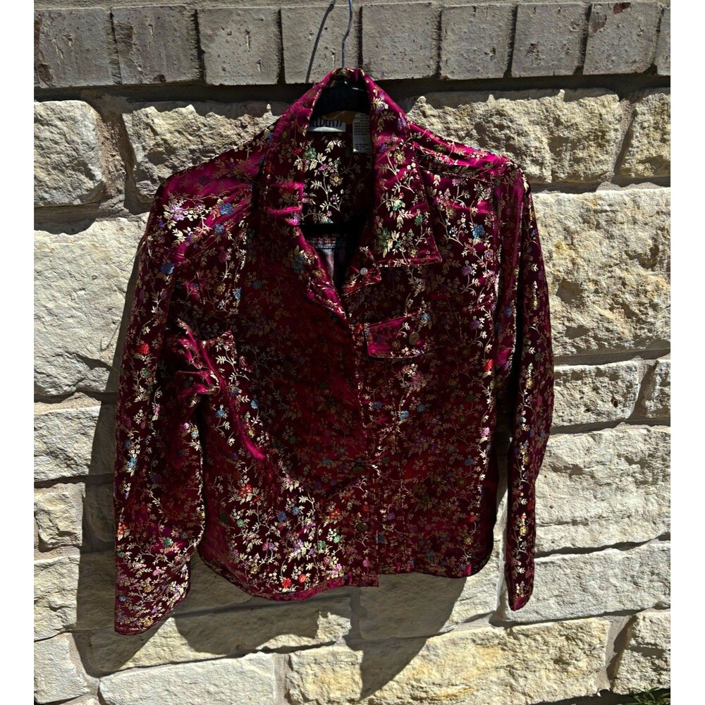 Bill Blass Vintage Jacquard Floral Blazer Burgundy Gold L 3-Button Lined